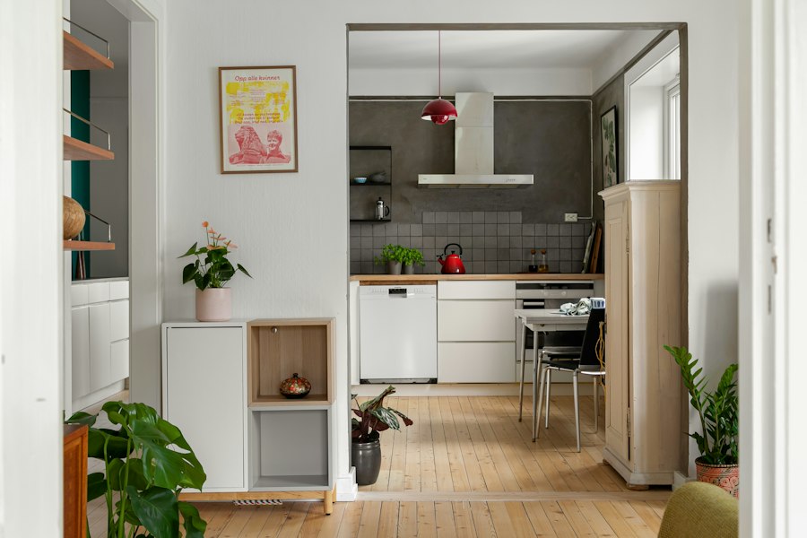 Kitchen with white cabinetry, a red kettle and wooden flooring