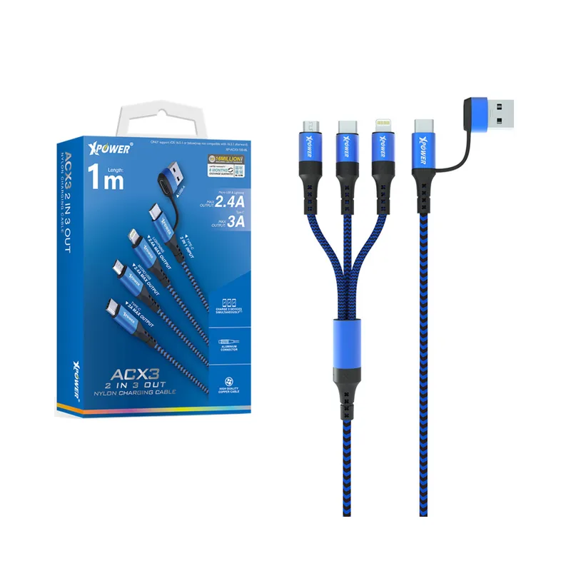 Xpower ACX3 2-IN-3-OUT Nylon Charging Cable — Blue