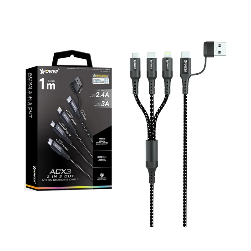 Xpower ACX3 2-IN-3-OUT Nylon Charging Cable — Black