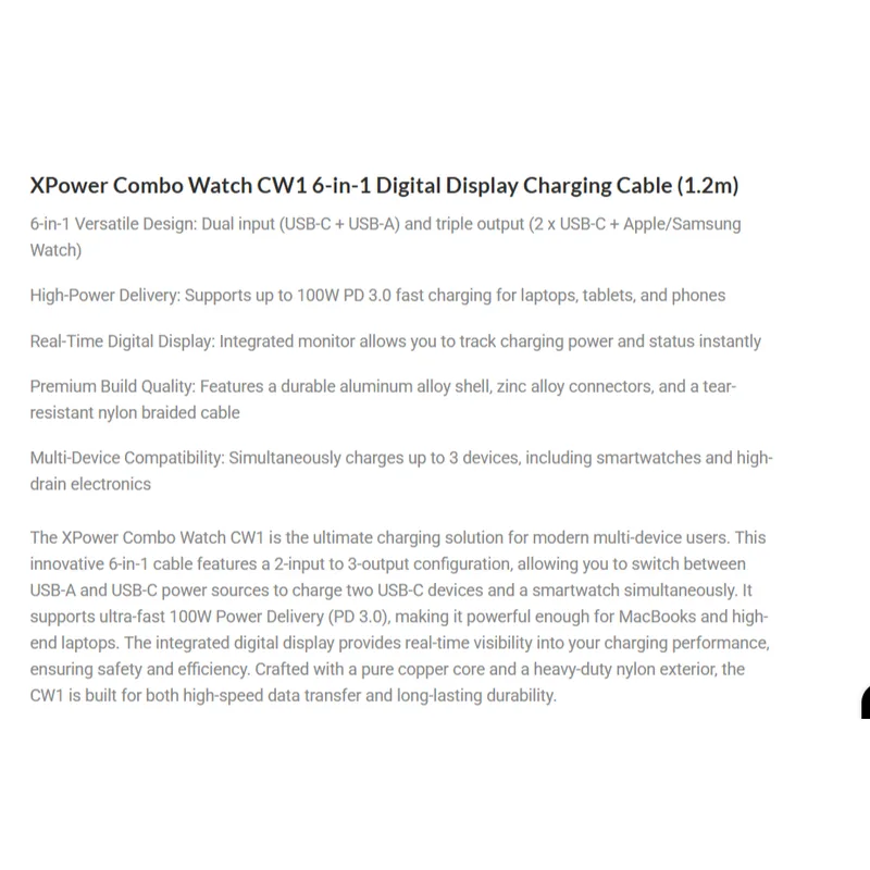 Xpower CW1 6-IN-1 Digital Display Charging Cable