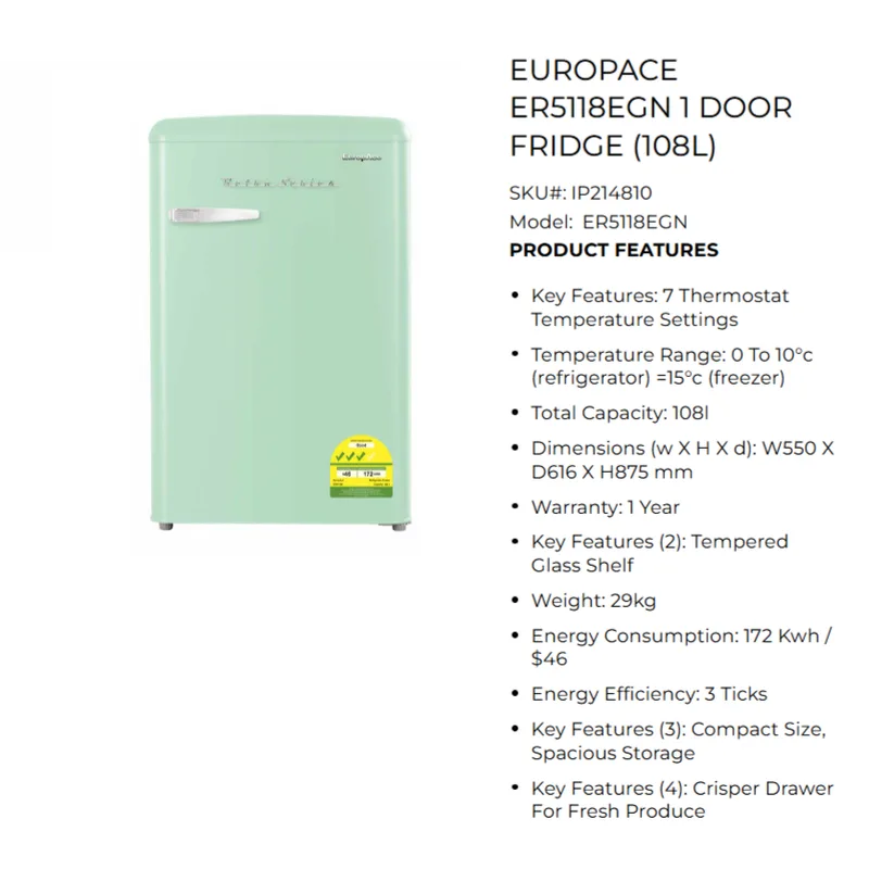 Europace ER5118EGN 108L Retro 1 Door Fridge