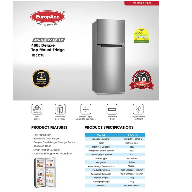 Europace ER5371W 333L 2 Door Fridge