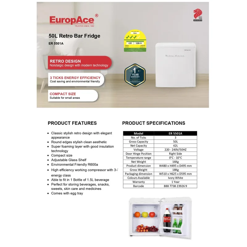 Europace ER5501A 42L Retro Bar Fridge