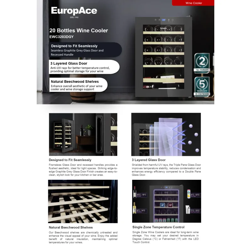Europace EWC3203DGY 20 Bottles Wine Cooler