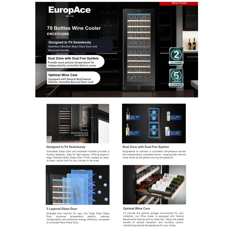 Europace EWC8701DBK 70 Bottles Wine Cooler