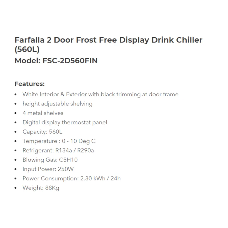 Farfalla FSC-2D560FIN 560L 2 Door Beverage Chiller