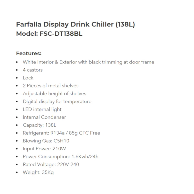 Farfalla FSC-DT138BL 138L Showcase Drink Chiller