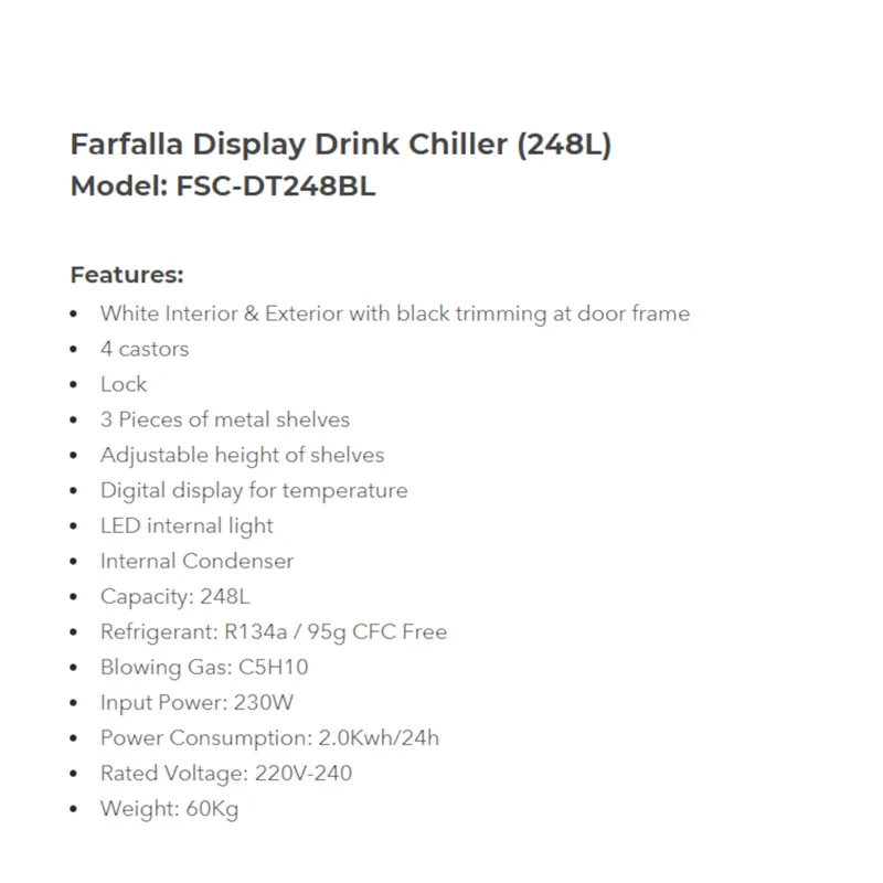 Farfalla FSC-DT248BL 248L Showcase Drink Chiller