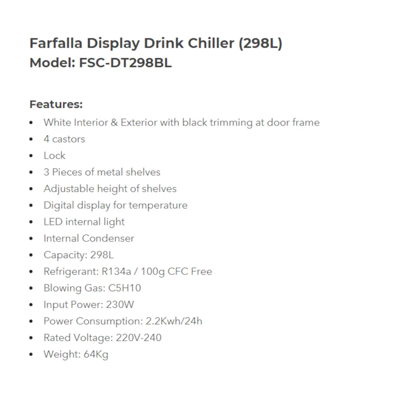 Farfalla FSC-DT298BL 298L Showcase Drink Chiller