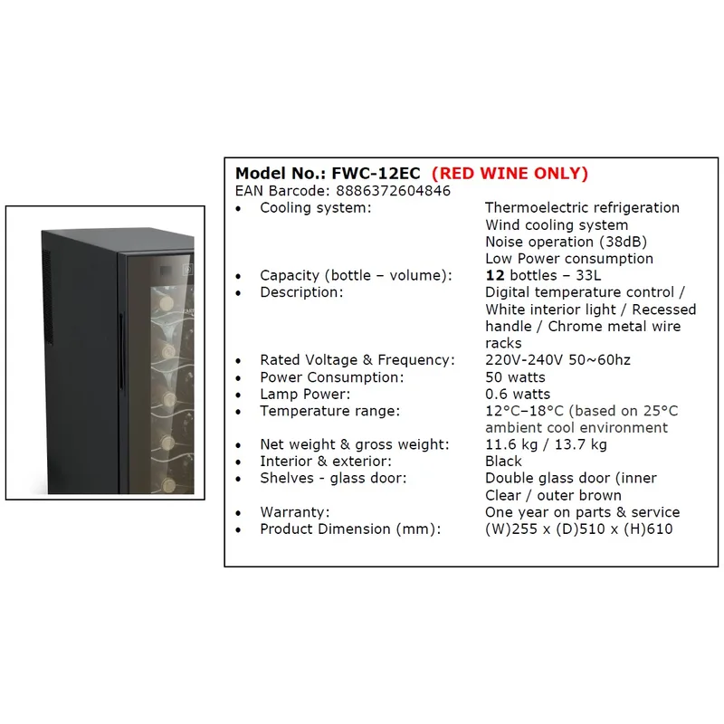 Farfalla FWC-12EC 33L, 12 Bottles, Wine Cooler (red Wine Only)