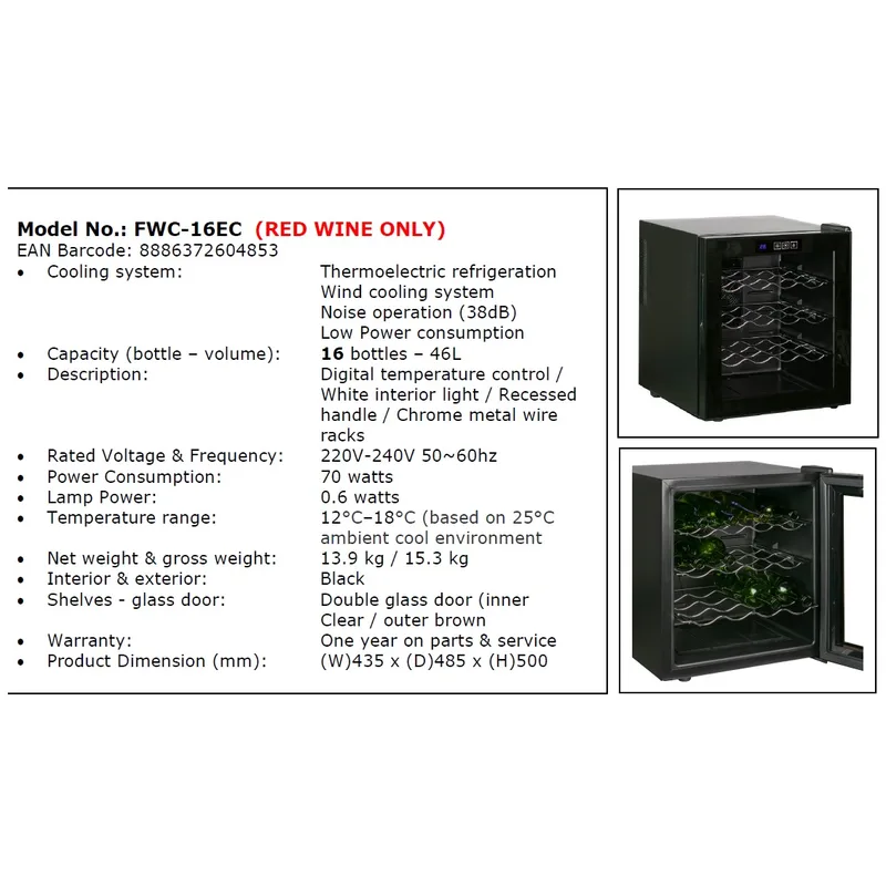 Farfalla FWC-16EC 46L, 16 Bottles, Wine Cooler (red Wine Only)