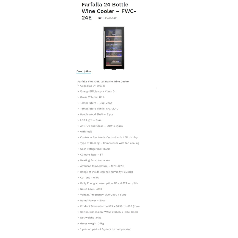Farfalla FWC-24E 60L, 24 Bottles, Wine Cooler