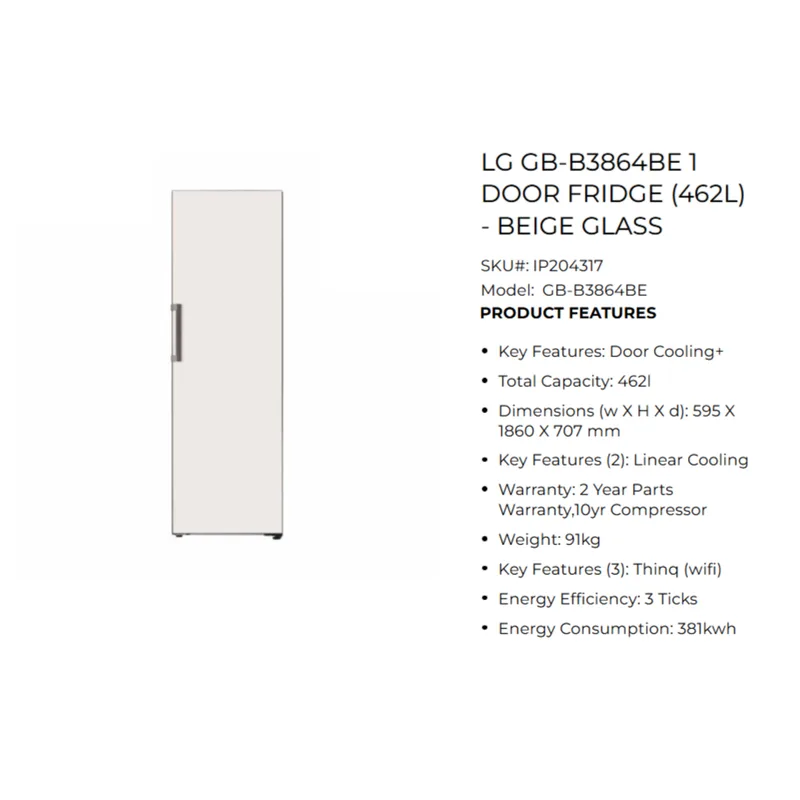 LG GB-B3864BE 386L 1 Door Fridge