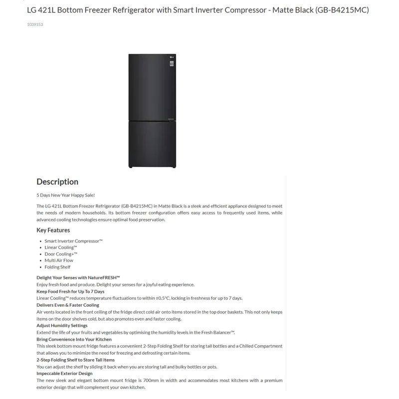 LG GB-B4215MC 421L 2 Door Fridge