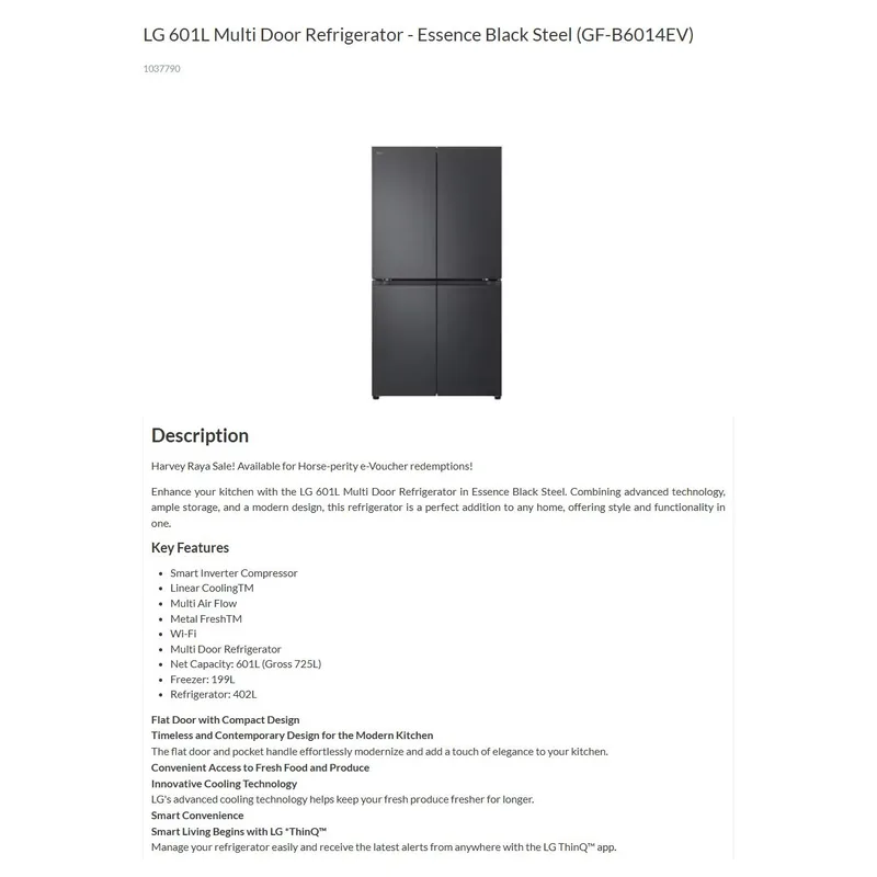 LG GF-B6014EV 601L 4 Door Fridge