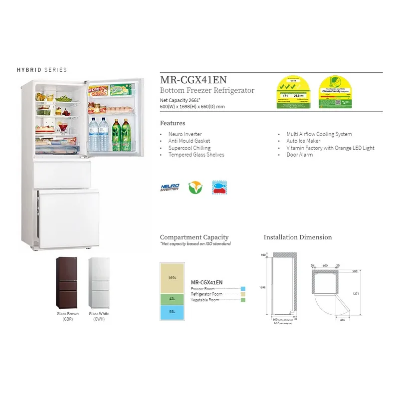 Mitsubishi MR-CGX41EX-GWH-P 328L 3 Door Fridge