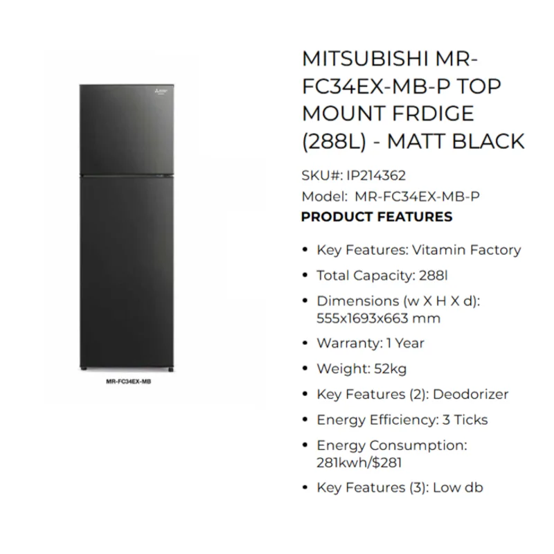 Mitsubishi MR-FC34EX-MB-P 288L 2 Door Fridge