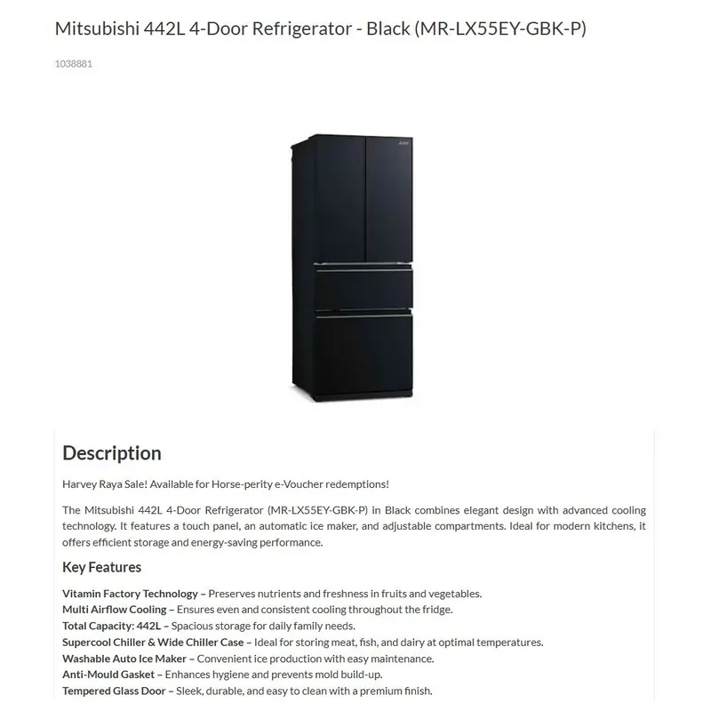 Mitsubishi MR-LX55EY-GBK-P 442L 4 Door Fridge
