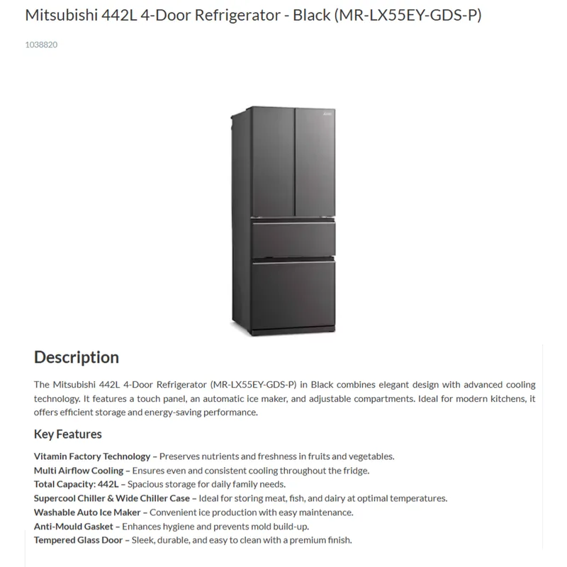 Mitsubishi MR-LX55EY-GDS-P 442L 4 Door Fridge