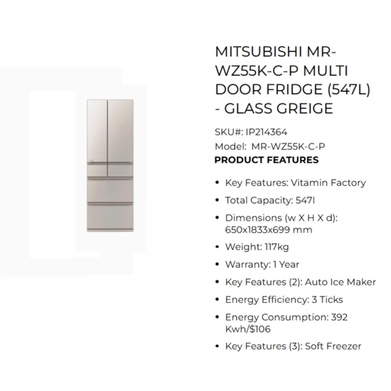 Mitsubishi MR-WZ55K-C-P 547L 6 Door Fridge