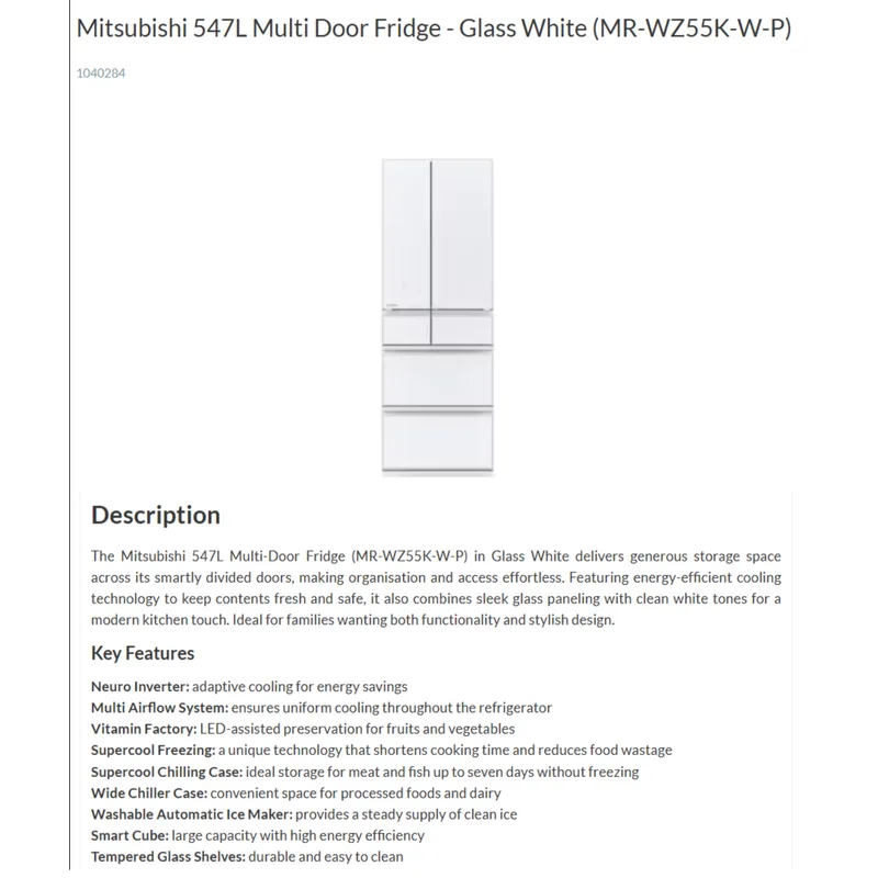 Mitsubishi MR-WZ55K-W-P 547L 6 Door Fridge