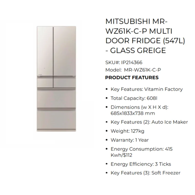 Mitsubishi MR-WZ61K-C-P 608L 6 Door Fridge