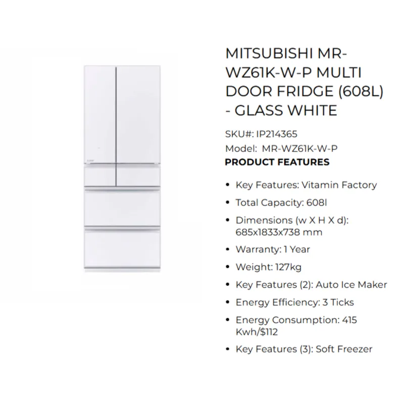 Mitsubishi MR-WZ61K-W-P 608L 6 Door Fridge