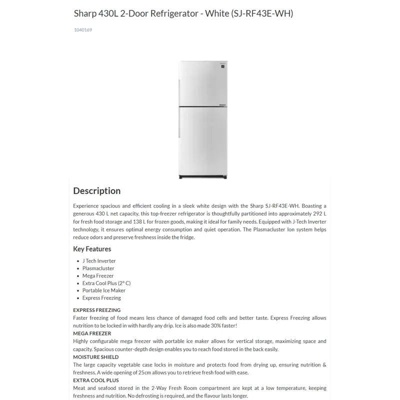 Sharp SJ-RF43E-WH 430L 2 Door Fridge