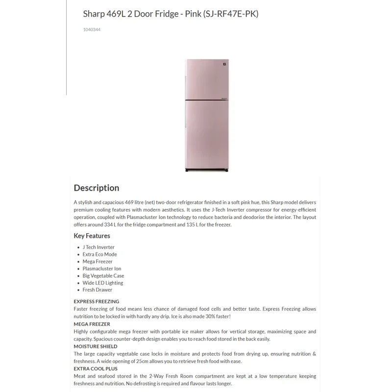 Sharp SJ-RF47E-PK 471L 2 Door Fridge
