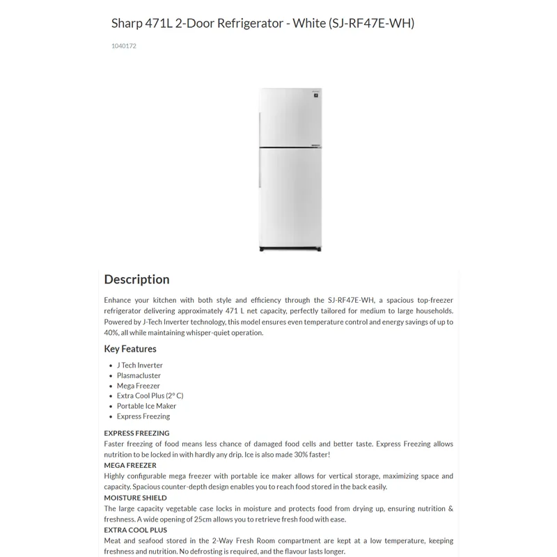 Sharp SJ-RF47E-WH 471L 2 Door Fridge
