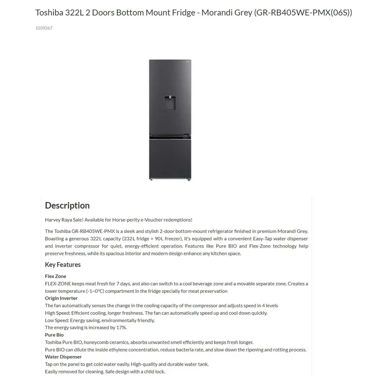 Toshiba GR-RB405WE-PMX(06S) 322L Bottom Mount Fridge