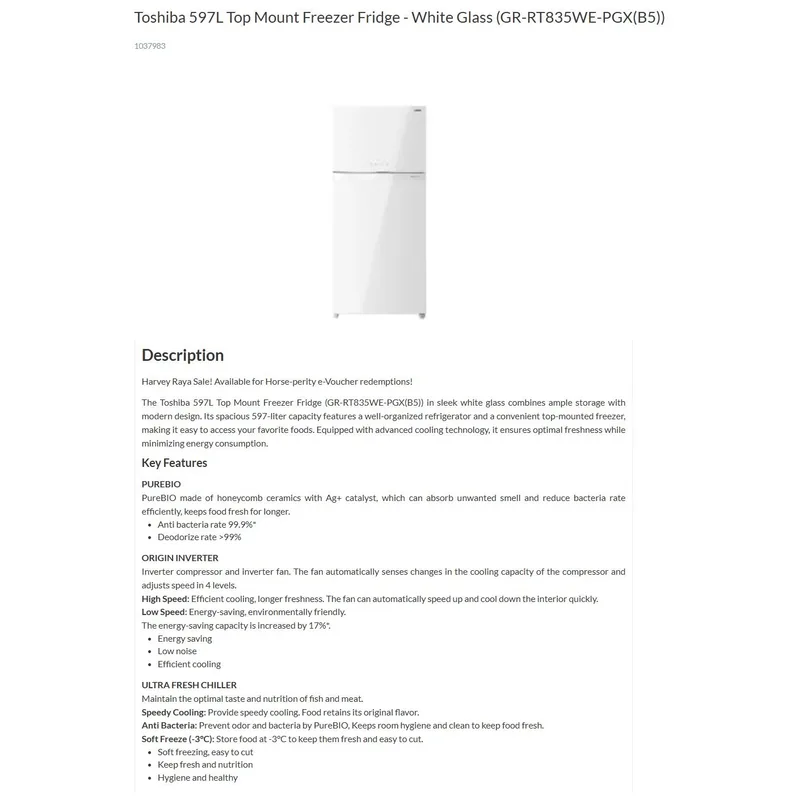 Toshiba GR-RT835WE-PGX(B5) 597L 2 Door Fridge
