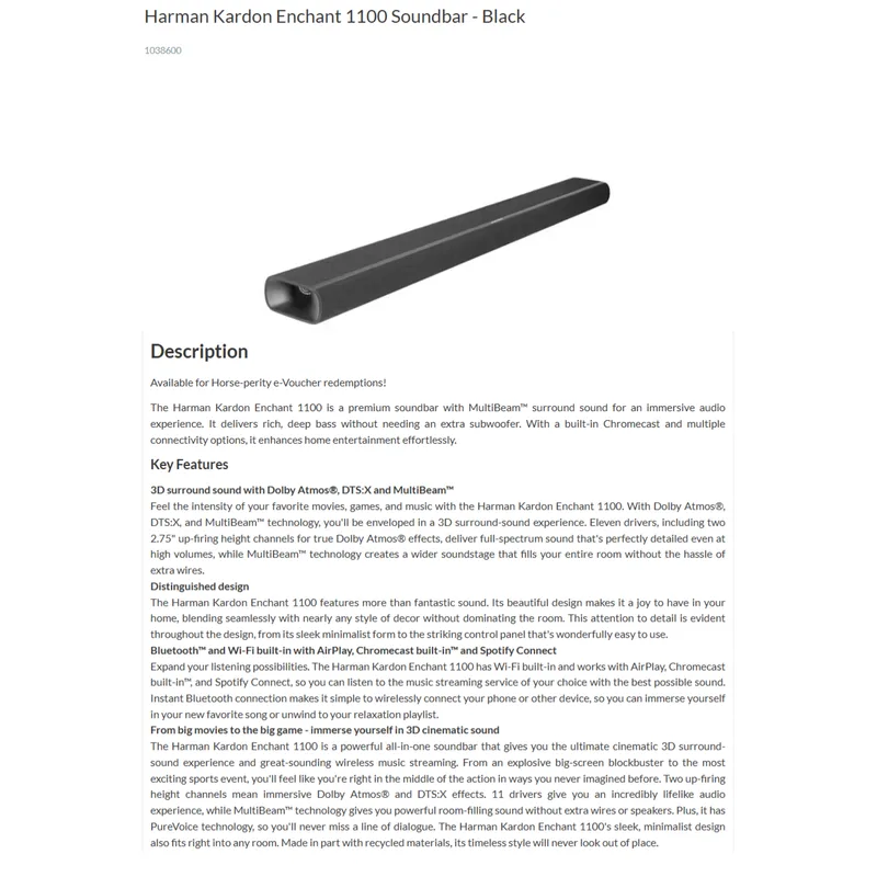 Harman Kardon ENCHANT PACKAGE SBR-ENCH1100 Blk Soundbar X1PC