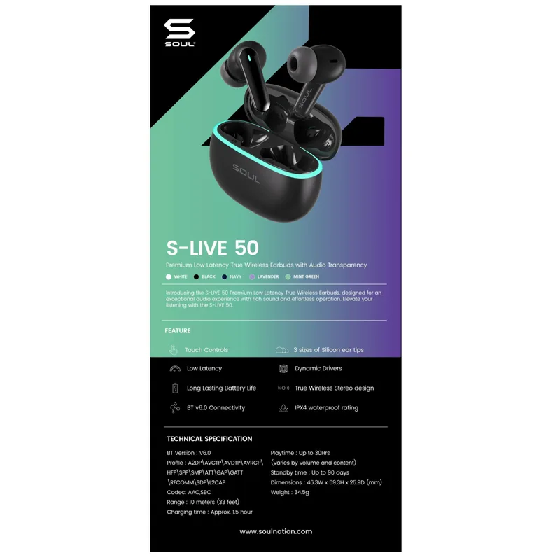 Soul S-LIVE 50 PREMIUM Low Latency Wireless Earbuds — Black