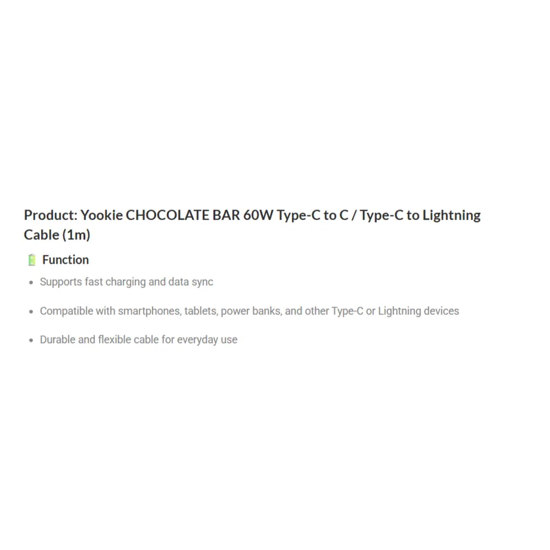 Yookie CHOCOLATE BAR 60W Type C To Lightning Cable