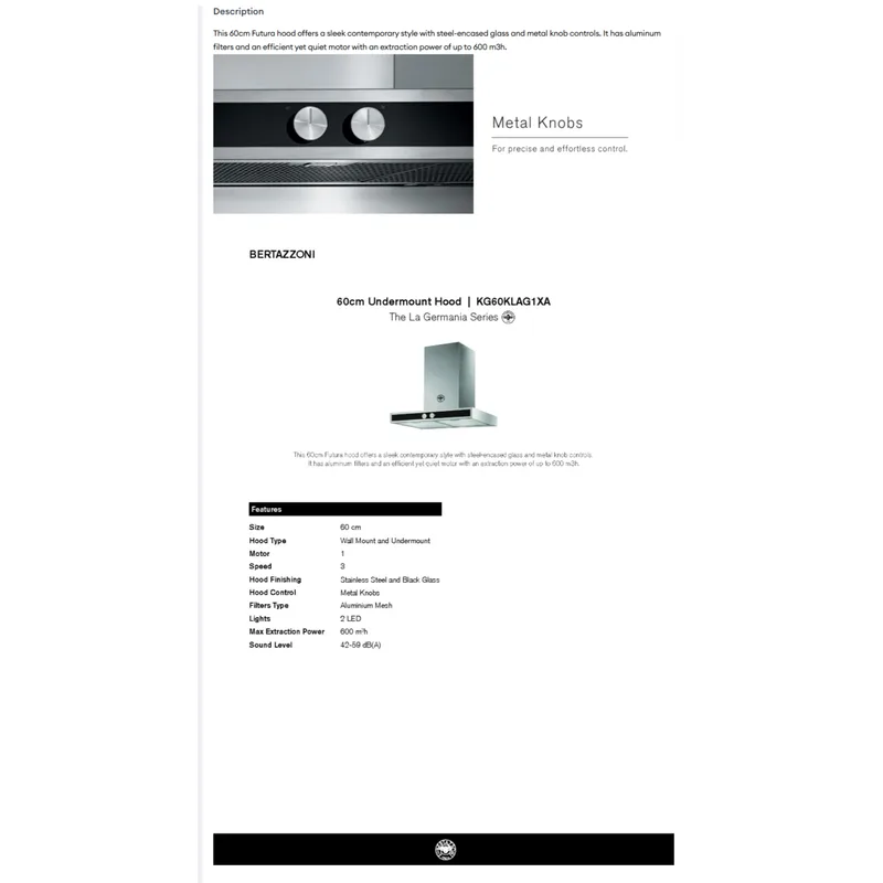 Bertazzoni KG60KLAG1XA 60CM Wall Mount Hood