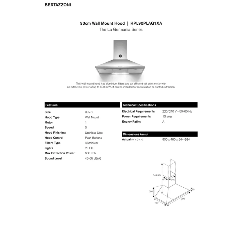 Bertazzoni KPL90PLAG1XA 90CM Wall Mounted Hood