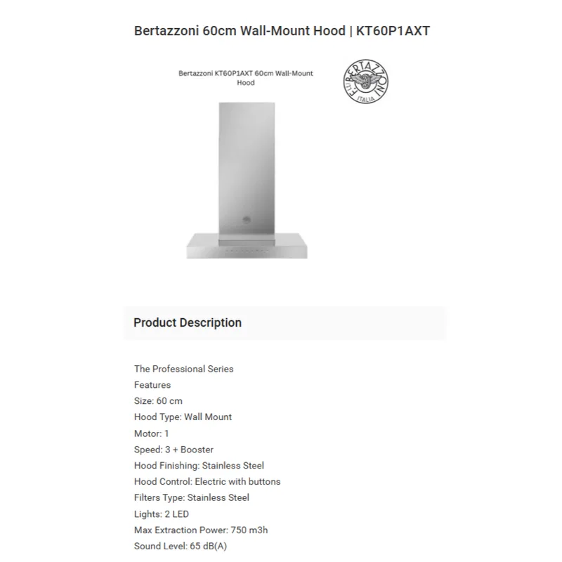 Bertazzoni KT60P1AXT 60CM Wall Mount Hood