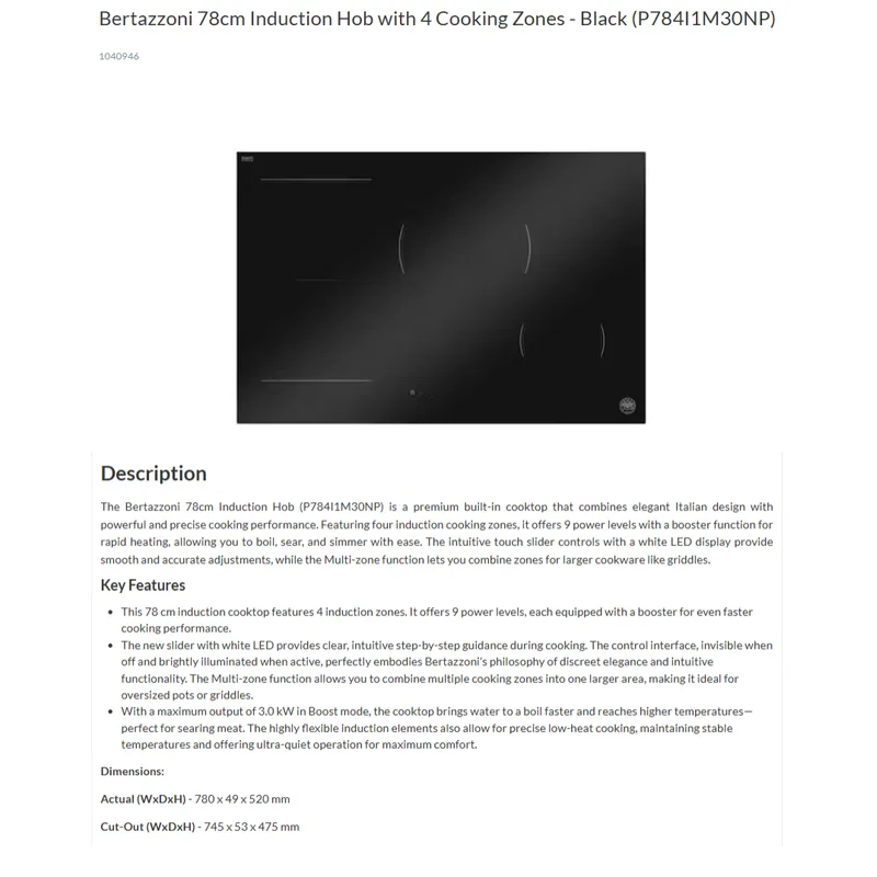 Bertazzoni P784I1M30NP 78CM Induction Hob
