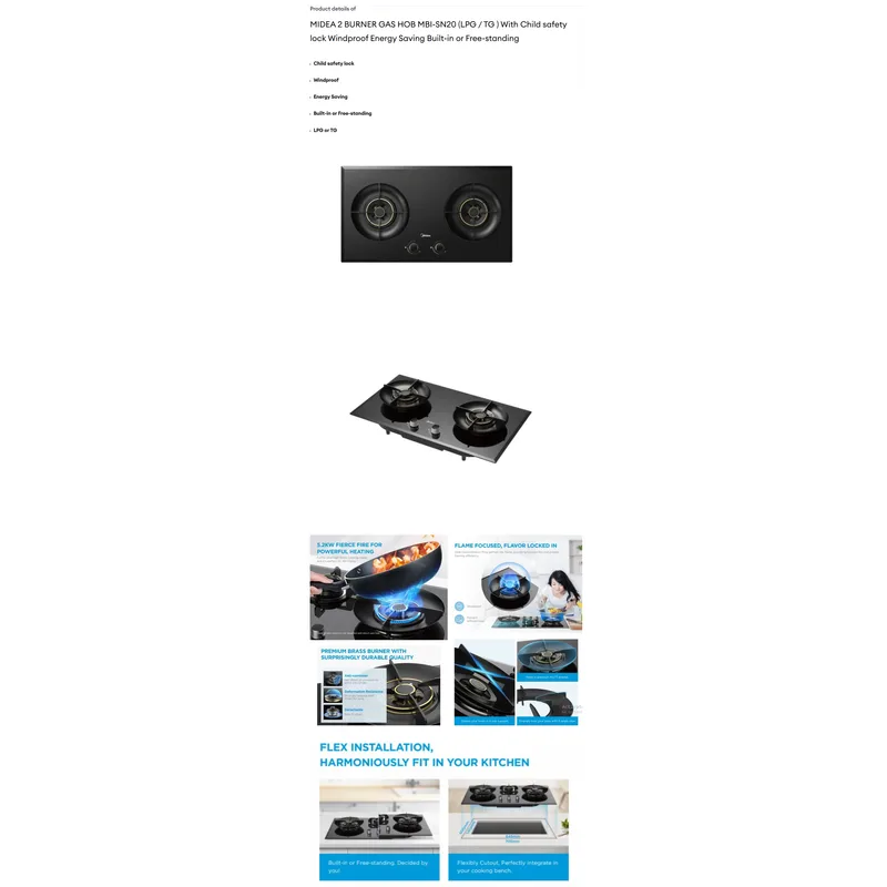 Midea MBI-SN20LPG-SG 2 Burner Tempered Glass Gas Hob