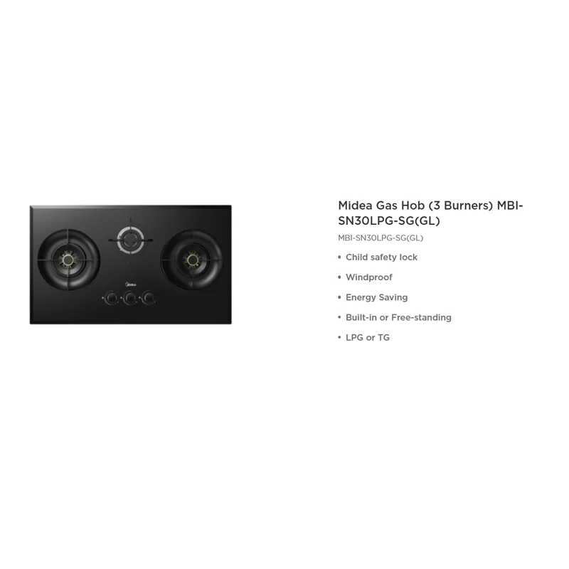 Midea MBI-SN30LPG-SG 3 Burner Tempered Glass Gas Hob