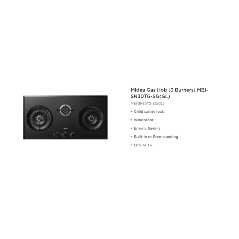 Midea MBI-SN30TG-SG 3 Burner Tempered Glass Gas Hob