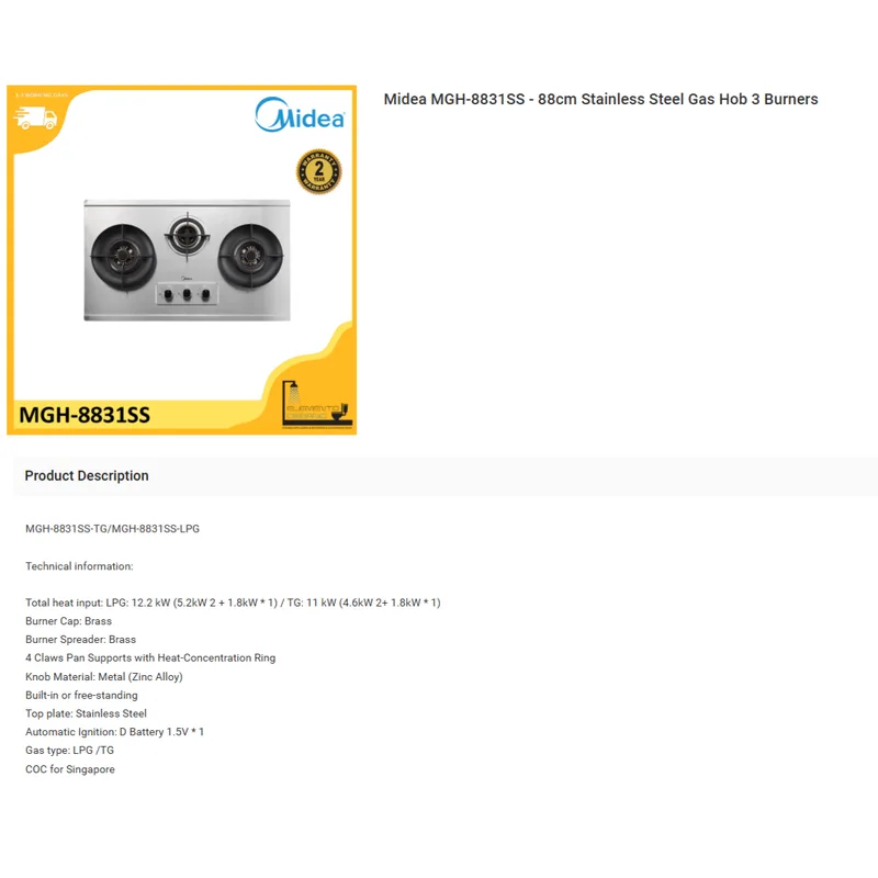 Midea MGH-8831SS-LPG 3 Burner Stainless Steel Gas Hob