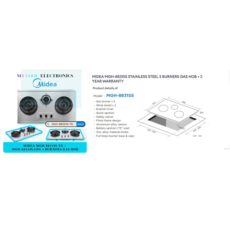 Midea MGH-8831SS-TG 3 Burner Stainless Steel Gas Hob
