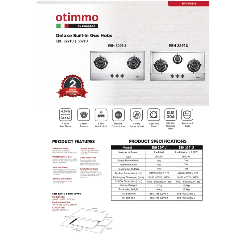 Otimmo EBH-3391U 90CM 3 Burner Stainless Steel Hob