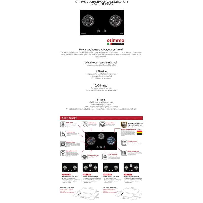 Otimmo EBH-6291S 90CM 2 Burner Gas Cooker Hob