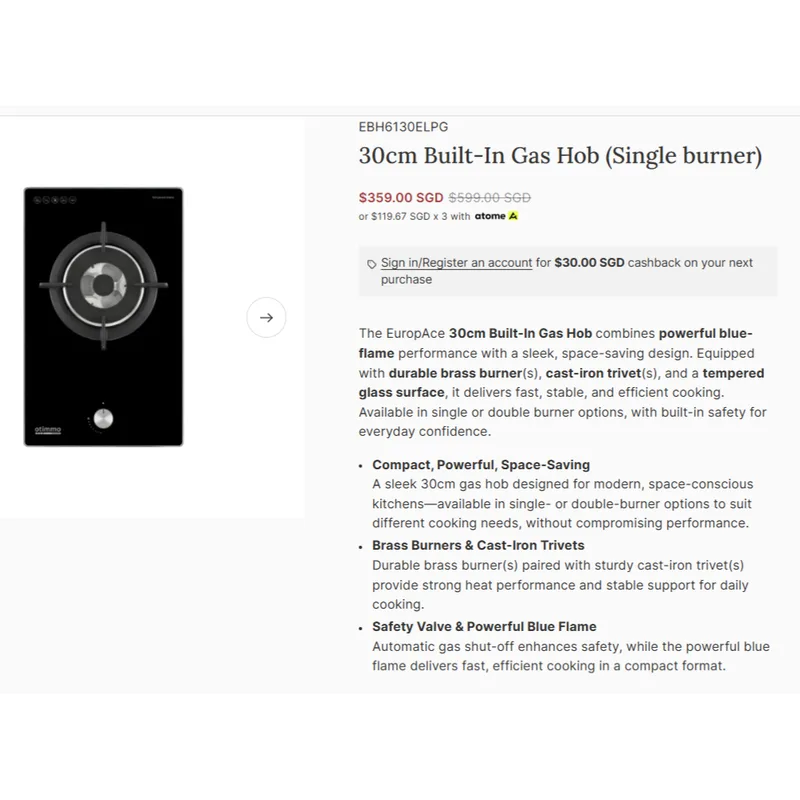 Otimmo EBH6130ETG 30CM Built-in Gas Hob (town Gas)