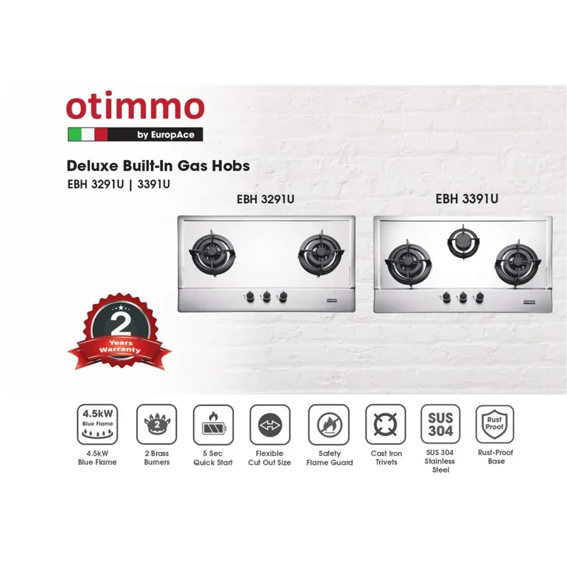 Otimmo ECH-2101S+EBH-3391U 90CM Slim HOOD/90CM 3 Burner Stainless Steel Hob