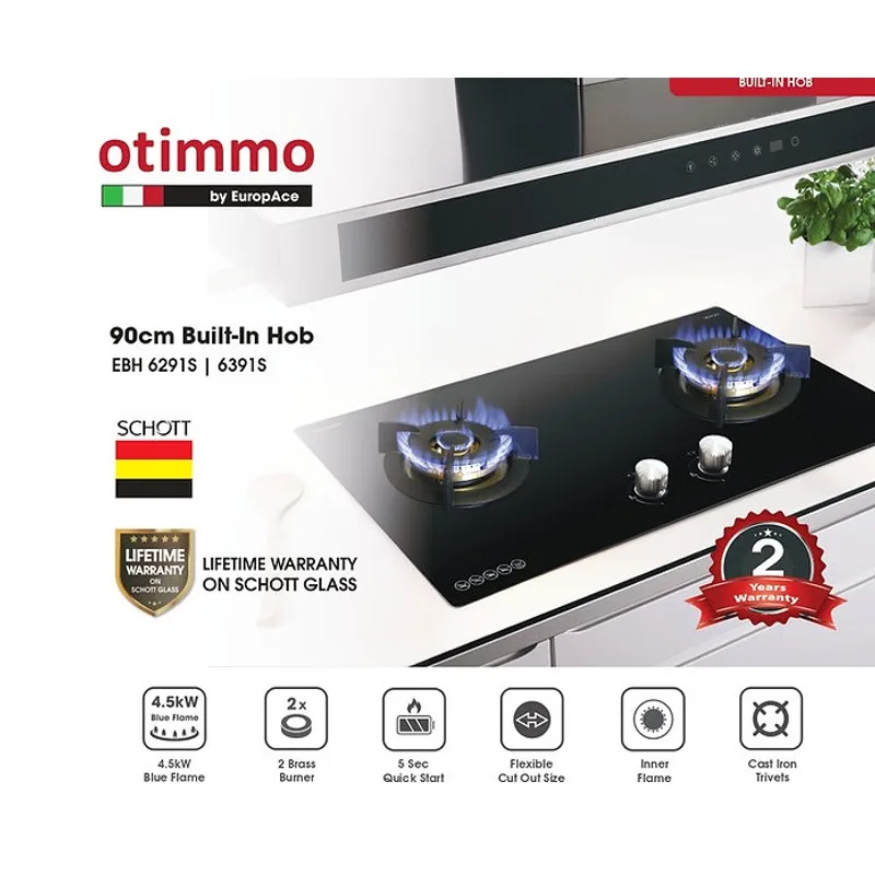 Otimmo ECH-2101S+EBH-6291S 90CM Slim HOOD/90CM 2 Burner Gas Cooker Hob
