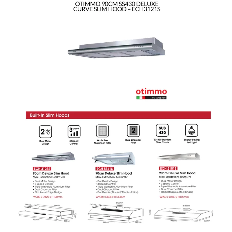 Otimmo ECH-3121S 90CM Deluxe Slim Curve Hood